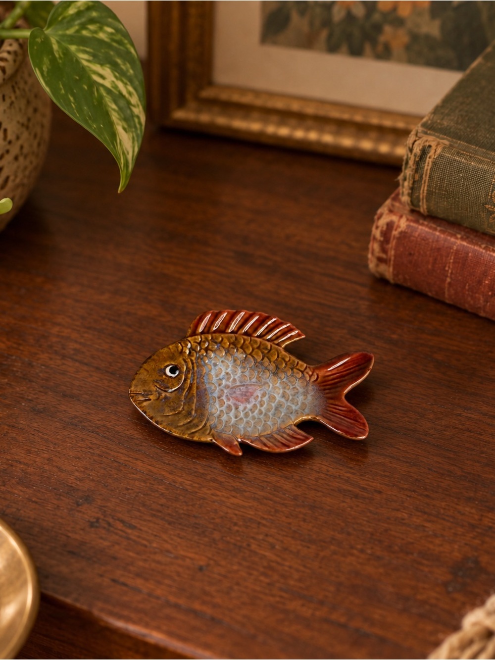 Pier 1 Little Fish Trinket Dish 4.5" Earth Tones Eclectic Decor Plate Small NWOT